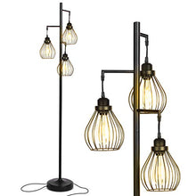 Load image into Gallery viewer, Brightech Teardrop - Floor Lamp Matches Industrial, Farmhouse &amp; Rustic Living Rooms – Standing Tree Lamp with 3 Elegant Cage Heads &amp; Edison LED Bulbs - Tall Vintage Pole Light - Black
