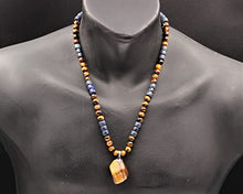 Load image into Gallery viewer, Men's Protection Necklace Big Raw Tiger Eye Pendant Beads Necklace Lapis Lazuli Beaded Adjustable Long Necklace Gift For Men Christmas Gift

