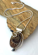 Load image into Gallery viewer, Authentic Well-Preserved AMMONITE Fossil and Black Onyx Gemstones, 925 Sterling Silver, Designer Pendant (1.5" Long) Jewelry with FREE Silver Chain.
