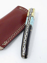 Load image into Gallery viewer, Damascus Knives Laguiole Style Pocket Knife Ram Horn &amp; Turquoise Handle With Leather Sheath Made in Ancient Persian Indus Valley
