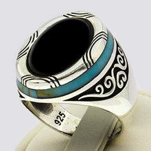 Load image into Gallery viewer, Solid 925 Sterling Silver Rings for Men Turkish Handmade Onyx Stone with Simulated Turquoise Luxury Design Premium Quality (14.75)
