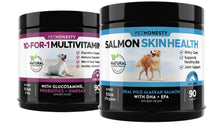 Load image into Gallery viewer, PetHonesty 10 in 1 Multivitamin + Salmon SkinHealth Soft Chew Supplement Bundle - Dog Vitamins, Glucosamine Chondroitin, Probiotics, Omega 3 Fish Oil, and Wild Alaskan Salmon Oil, Cure Itchy Skin.
