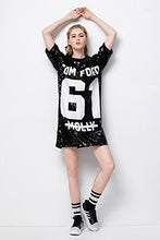 Load image into Gallery viewer, P&amp;R Sparkle Glitter Sequins Hip Hop Jazz Dancing T-Shirt Dress Plus Size Clubwear,Black
