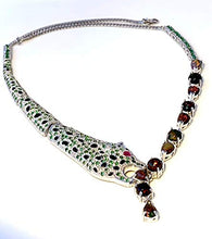Load image into Gallery viewer, Splendid Tiger Necklace with Genuine Solid Black OPAL (11 Gems), EMERALD (30 Gems), TSAVORITE and RUBY Natural Gemstones, 14k White GOLD, Superb Fine 'Cartier' Style Jewelry.
