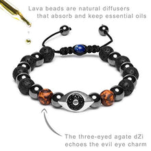Load image into Gallery viewer, Karseer Vintage Silver and Black Plated Hamsa Evil Eye Stress Relief Reiki Healing Bracelet Natural Hematite Agate Dzi Lava Rock Lapis Lazuli Beaded Macrame Adjustable Anti Anxiety Diffuser Bracelet
