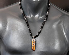 Load image into Gallery viewer, ElisaJewelryArt - Natural Tiger Eye Big Pointed Sword Pendant Black Onyx Stone Beaded Necklace Genuine Gemstone Emotion Stone Clasp Closure Necklace Unisex Necklace (22, Tiger Eye)
