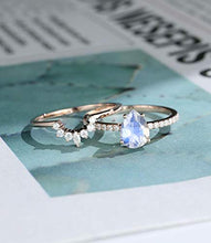 Load image into Gallery viewer, 2pcs Pear shaped moonstone engagement ring Rose gold Unique vintage halo diamond/moissanite wedding women Bridal half eternity Promise gift, Bridal Promise Anniversary gift,gift for her, women’s ring
