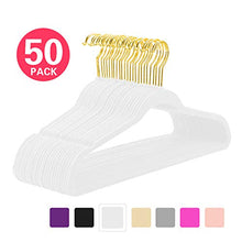Load image into Gallery viewer, MIZGI Premium Velvet Hangers Pack 50 Pcs Heavyduty - Non Slip Slimline - Velvet Suit Hangers White - Gold Hooks,Space Saving Clothes Hangers (White) … …
