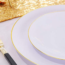 Load image into Gallery viewer, NERVURE 100Pieces White with Gold Rim Plastic Plates- 7.5inch Disposable Gold Salad/Dessert Plates-Ideal for Weddings&amp; Parties

