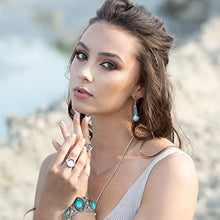 Load image into Gallery viewer, 3 Pieces Bohemian Turquoise Set Women Western Jewelry Turquoise Pendant Necklace Western Turquoise Alloy Earrings Stretchable Turquoise Bracelet for Women Western Boho Jewelry Set
