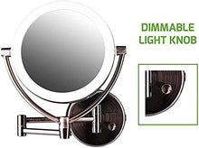 Load image into Gallery viewer, Ovente 7.5" Lighted Wall Mount Makeup Mirror, 1X &amp; 10X Magnifier, Spinning Double Sided Round LED w/ Dimmer Switch, Extend, Retractable &amp; Folding Arm, Battery USB Powered Antique Brass MLW75AB1X10X
