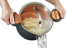 Load image into Gallery viewer, Gotham Steel 5 Quart Stock Multipurpose Pasta Pot with Strainer Lid &amp; Twist and Lock Handles, Nonstick Ceramic Surface Makes for Effortless Cleanup with Tempered Glass Lid, Dishwasher Safe, Graphite
