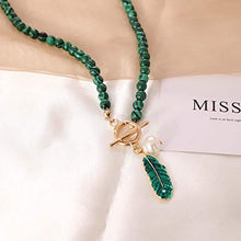 Load image into Gallery viewer, Vivilly Boho Rhinestones Pearl Necklaces Gold Leaf Malachite Drop Pendant Chain Bohemian Fashion Necklace Jewerly for Women and Girls
