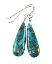 Load image into Gallery viewer, Sterling Silver Blue Turquoise Earrings Long Coppery Mosaic Veining Dangle Narrow Teardrops Smooth Drops
