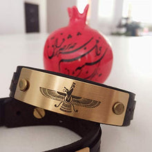 Load image into Gallery viewer, Future Faravahar Ahura Mazda Adjustable (3 size 7.5"-8"-8.4") Black Leather Bracelets Men Iran Jewelry Zoroastrian Antique Gold Color Iranian bracelet
