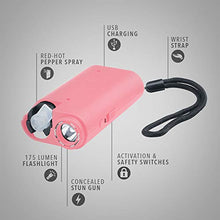 Load image into Gallery viewer, Guard Dog Self-Defense Kit w/Red Pepper Spray &amp; Stun Gun w/Flashlight, up to 16 ft, 175 Lumens, Rechargeable Battery, Safety Switch, USB Charging Cord (Pink)
