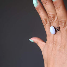 Load image into Gallery viewer, Agate Blue Lace Ring 4-10 Boutique Adjustable Metal Cool Blue Banded Gemstone Oval Crystal B02 (Gunmetal 14x10)

