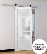 Load image into Gallery viewer, Sliding Barn Door 36 x 84 with Stainless Steel 6.6ft Hardware | Quadro 4002 White Silk with Frosted Opaque Glass | Top Mount Rail Hangers Sturdy Silver Set | Lite Wooden Solid Panel Interior Doors
