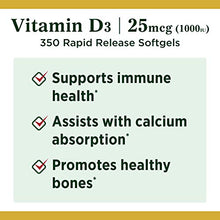 Load image into Gallery viewer, Vitamin D3 by Nature’s Bounty for immune support. Vitamin D3 provides immune support and promotes healthy bones. 1000IU, 350 Softgels
