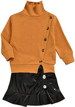 Load image into Gallery viewer, Toddler Baby Girl Winter Skirt Outfit Set Yellow Knit Sweater Tops + PU Leater Black Pencil Skirts Fall Clothes Set (18-24 Months,Leather Skirts)
