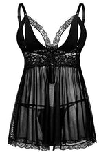 Load image into Gallery viewer, Donnalla Women's Sexy Plus Size Lingerie - Split Cup Lace Babydoll Sleepwear Chemise Set (Solid Black, 4XL)
