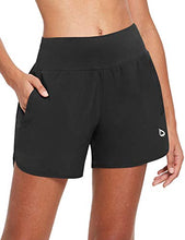 Load image into Gallery viewer, BALEAF Womens 5 Inches Knit Waistband Running Shorts with Liner Quick Dry Lounge Gym Walking Lined Shorts Back Zipper Pocket Black Size XS
