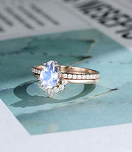Load image into Gallery viewer, 2pcs Pear shaped moonstone engagement ring Rose gold Unique vintage halo diamond/moissanite wedding women Bridal half eternity Promise gift, Bridal Promise Anniversary gift,gift for her, women’s ring
