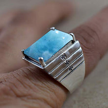 Load image into Gallery viewer, Thanksgiving gift for jewelry, cabochon larimar ring, genuine pectolite larimar ring, solid 925 sterling silver ring, signet heavy silver ring, designer statement ring, men's gemstone ring
