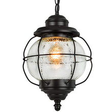 Load image into Gallery viewer, LALUZ Outdoor Hanging Lantern Porch Painted Black Metal with Clear Bubbled Glass Globe in Iron Cage Frame, 1-Light Light, 10.2" Exterior Pendant Lighting for Garage
