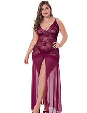 Load image into Gallery viewer, LINGERLOVE Women's Plus Size Lingerie Sexy Split Maxi Long Gown Sheer Dress (Burgundy, Plus Size)
