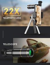 Load image into Gallery viewer, CoPedvic Phone Camera Lens Phone Lens for iPhone Samsung Pixel Android, 22X Telephoto Lens, 4K HD 0.67X Super Wide Angle Lens&amp;25X Macro Lens, 205° Fisheye Lens, Work as Telescope with Metal Tripod
