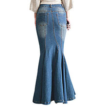 Load image into Gallery viewer, LISUEYNE Women's Casual Stretch Waist Washed Denim Ruffle Fishtail Skirts Long Jean Skirt
