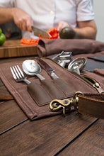 Load image into Gallery viewer, Waxed Canvas Chef Knife Roll - 15 Knife Slots, Card Holder and Zippered Pocket - Genuine Leather and Brass Buckles - Knives Not Included (Brown)
