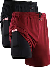Load image into Gallery viewer, Neleus Men's 2 in 1 Running Shorts with Liner,Dry Fit Workout Shorts with Pockets,6070,2 Pack,Black/Red,3XL
