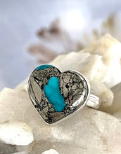 Load image into Gallery viewer, A Matrix of Natural PYRITE and Genuine Blue TURQUOISE Gemstone, 925 Sterling Silver, Heart Ring Sz 9 Jewelry

