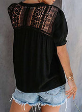 Load image into Gallery viewer, Dokotoo Women's Cute 2022 Summer Button Down Shirt V Neck Lace Crochet Eyelet Flowy Short Sleeve Blouses Solid Casual Loose T Shirts Tops XL Black

