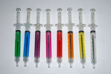 Load image into Gallery viewer, 8 Syringe Designed Pens, 8 Different Coloured Syringe Pen All Black Ink Great for Nurse Costume or Doctor Gift
