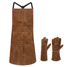 Load image into Gallery viewer, eletecpro Woodworking Apron Heavy Duty Durable - Length 42" 6 Pockets Leather Welding Apron &amp; Welding Gloves Cowhide Fire/Heat Resistant Shop Apron Men/Women(Brown)
