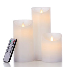 Load image into Gallery viewer, glowiu Flameless Flickering LED Candles Moving Flame, Battery Candles Set of 3(H 4"6"8" x D3") Real Wax Pillar with 10-Key Remote Multi-Function (White)
