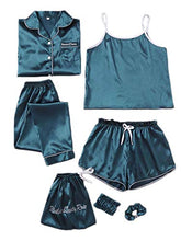 Load image into Gallery viewer, SheIn Women's Sexy 7pcs Pajama Set Cami Pjs with Shirt and Eye Mask Teal Blue Medium
