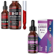Load image into Gallery viewer, VITBOOST Vegan Liquid B12 Drops – 60 x 5000 mcg Extra Strength Raspberry Flavored Vit B12 Supplement &amp; VITBOOST Extra Strength Vegan 200mg Organic Elderberry Syrup Kids &amp; Adults Antioxidant Supplement
