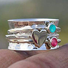 Load image into Gallery viewer, Amethyst and Moonstone Spinner Ring, 925 Sterling Silver Heart Designer Ring, Wide Band Ring, Hammered Meditation Ring (OPTIONS AVAILABLE FOR GEMSTONE &amp; HEART)
