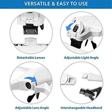 Load image into Gallery viewer, Pstars LED Illuminated Headband Magnifier with Bonus Cleaning Cloth and 5 Detachable Lenses 1X, 1.5X, 2X, 2.5X 3.5X Hands-Free Head Worn Lighted Magnifying Glass
