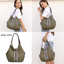 Load image into Gallery viewer, Worldlyda Women Canvas Hobo Purse Multi Pocket Tote Shopper Shoulder Bag Casual Top Handle handbag with Embroidery Ethnic (Upgraded Army Green)
