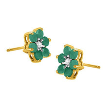 Load image into Gallery viewer, 1 ct Natural Emerald Flower Stud Earrings with Diamonds in 18K Gold-Plated Sterling Silver

