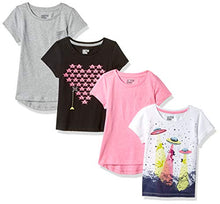 Load image into Gallery viewer, Spotted Zebra Girls' Short-Sleeve T-Shirt Tops, Pack of 4, Grey/Black/Pink, Hearts, Small
