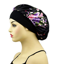 Load image into Gallery viewer, Satin Sleep Cap Bonnet for Women, Wide Band Satin Sleeping Caps Night Hat Head Cover for Natural Hair Loss, Black Floral
