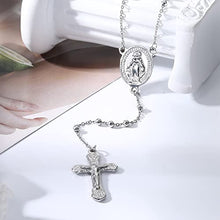Load image into Gallery viewer, THUNARAZ 2 Pcs Rosary Cross Necklace for Women Saint Beads Chain Virgin Mary Pendant Y Necklace Medallion Design Stainless Steel Double Pendant Chain Necklace
