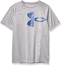 Load image into Gallery viewer, Under Armour Boys' Tech Split Logo Hybrid Short-Sleeve T-Shirt , Concrete (066)/Royal, Youth Small
