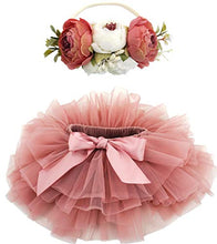 Load image into Gallery viewer, BGFKS Baby Girls Soft Fluffy Tutu Skirt with Diaper Cover,Toddler Girl Tutu Skirt Sets with Flower Headband Dusty Rose
